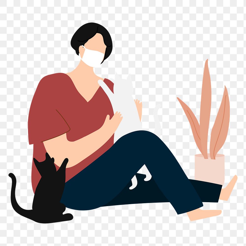 Png woman playing with cats sticker, cute design, transparent background