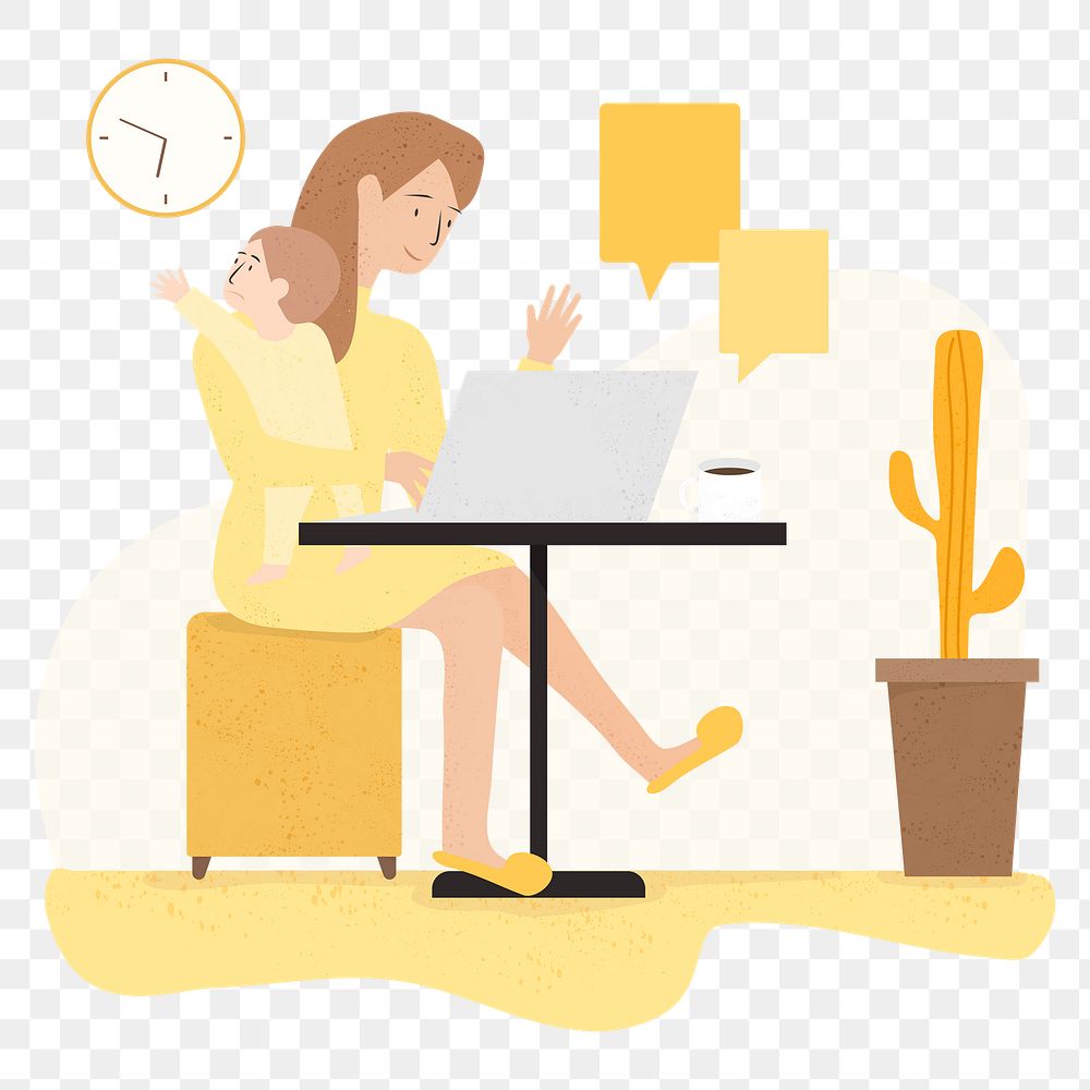 Png mother working from home sticker, cute design, transparent background