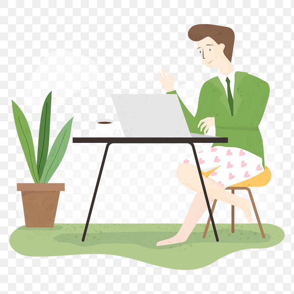 Png woman working from home sticker, cute green design, transparent background