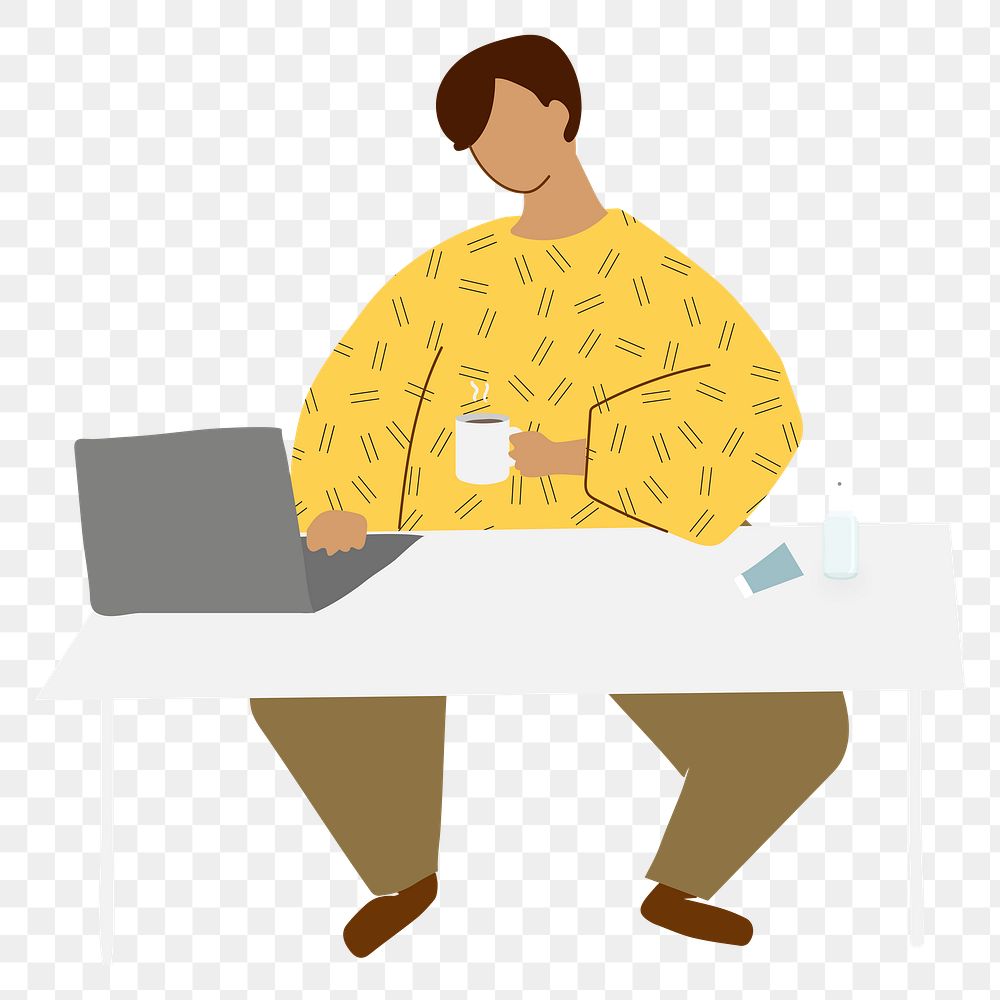 Png man working from home sticker, cute character design, transparent background