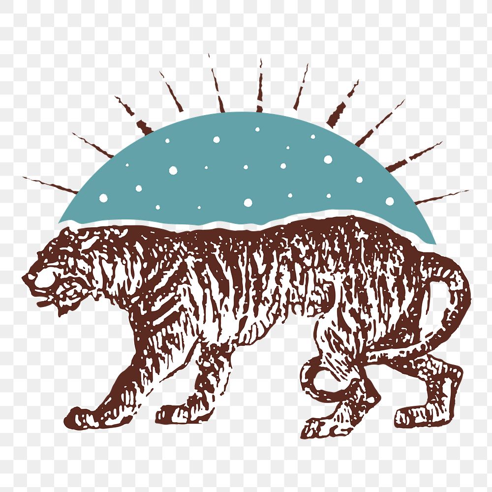 Retro tiger png drawing sticker, transparent background