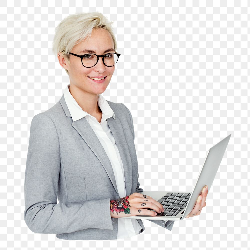 Businesswoman png sticker, holding laptop, transparent background
