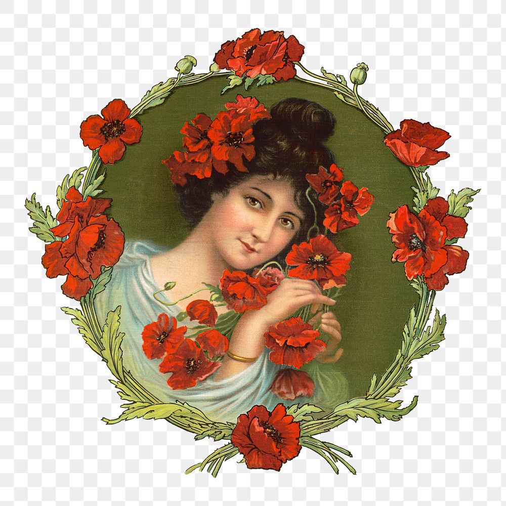 Aesthetic vintage woman and poppies  png on transparent background.   Remastered by rawpixel