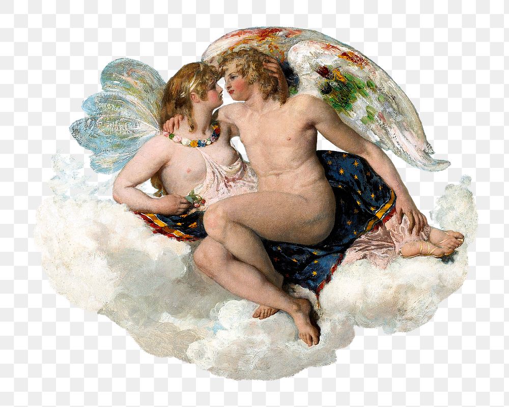 Aesthetic cupid and Psyche painting png on transparent background. Remastered by rawpixel