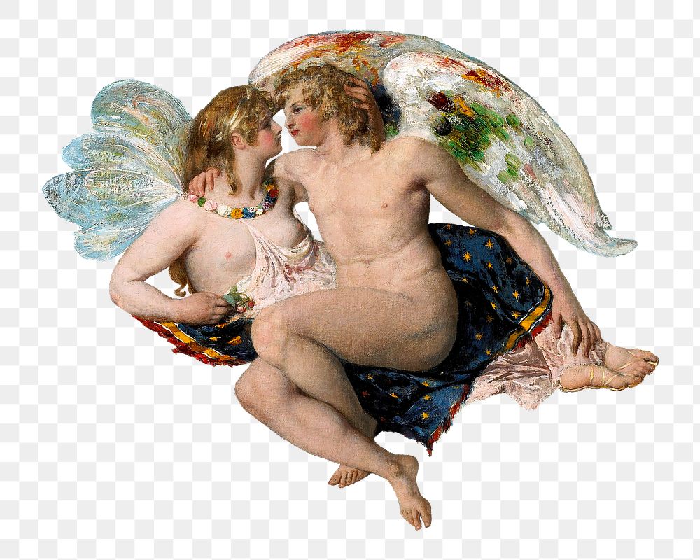 Aesthetic cupid and Psyche painting png on transparent background.  Remastered by rawpixel