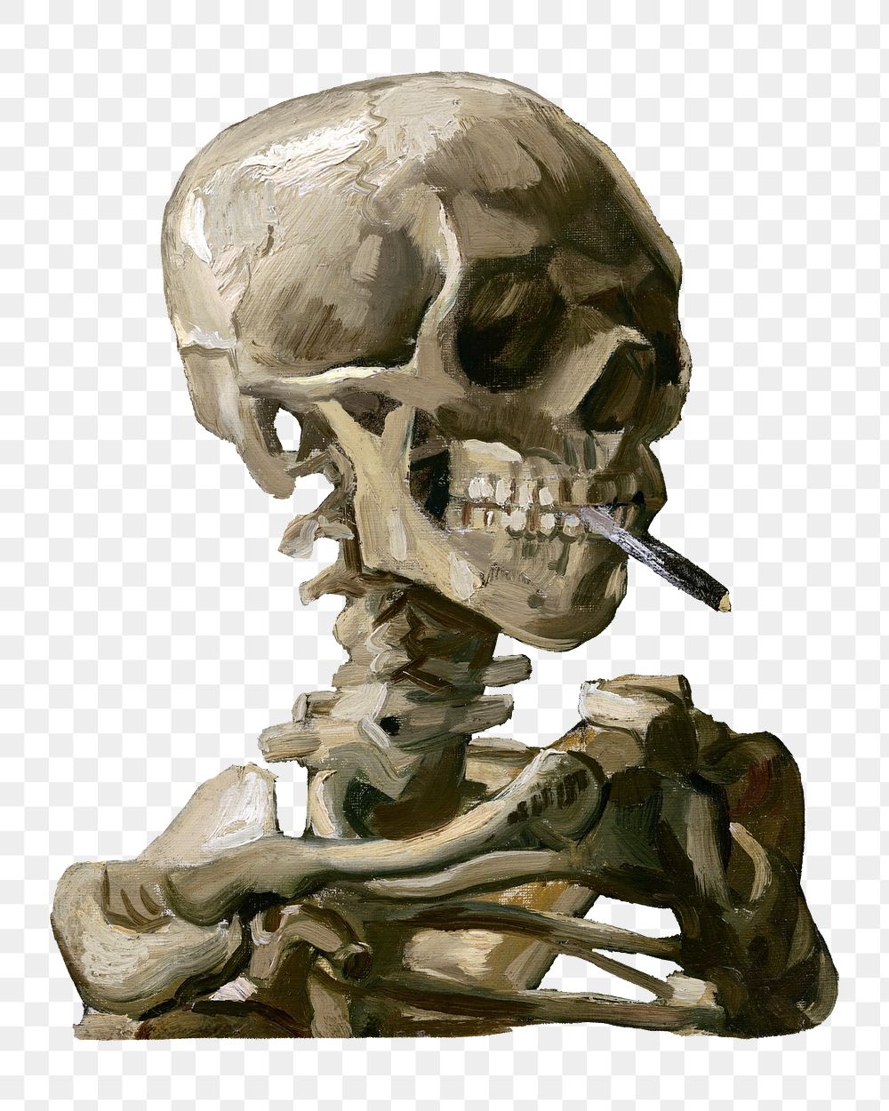 Aesthetic Vincent van Gogh's smoking skull png on transparent background.  Remastered by rawpixel