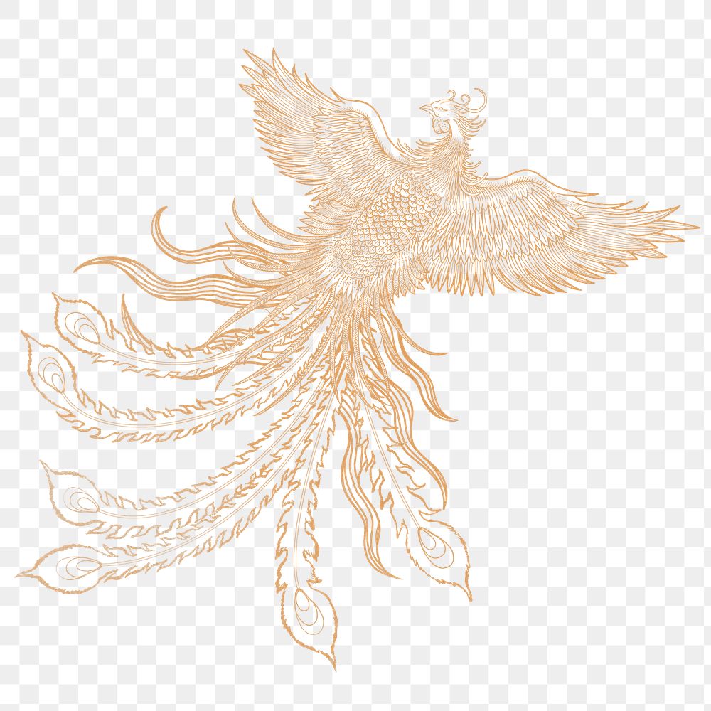Gold phoenix bird png sticker, Chinese mythical creature illustration, transparent background