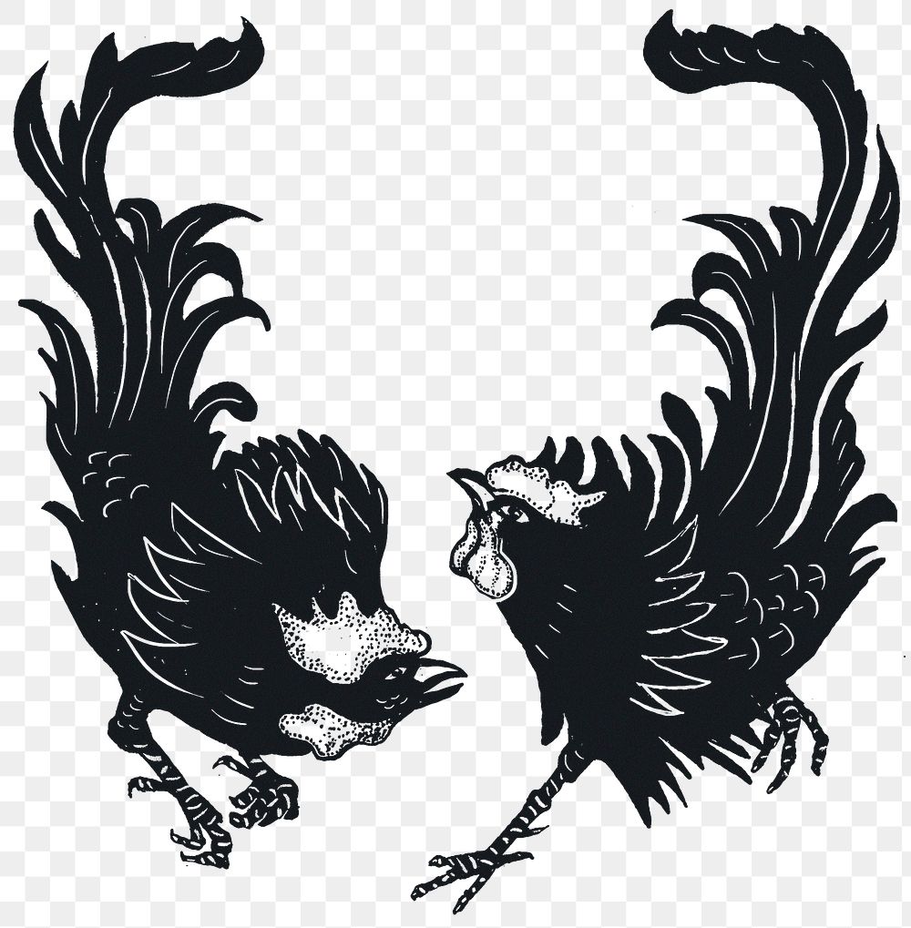 Black rooster png sticker linocut stencil pattern drawing set