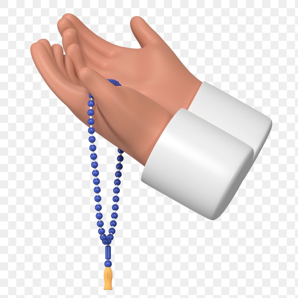 Praying hands png 3D clipart, Islamic prayer beads on transparent background