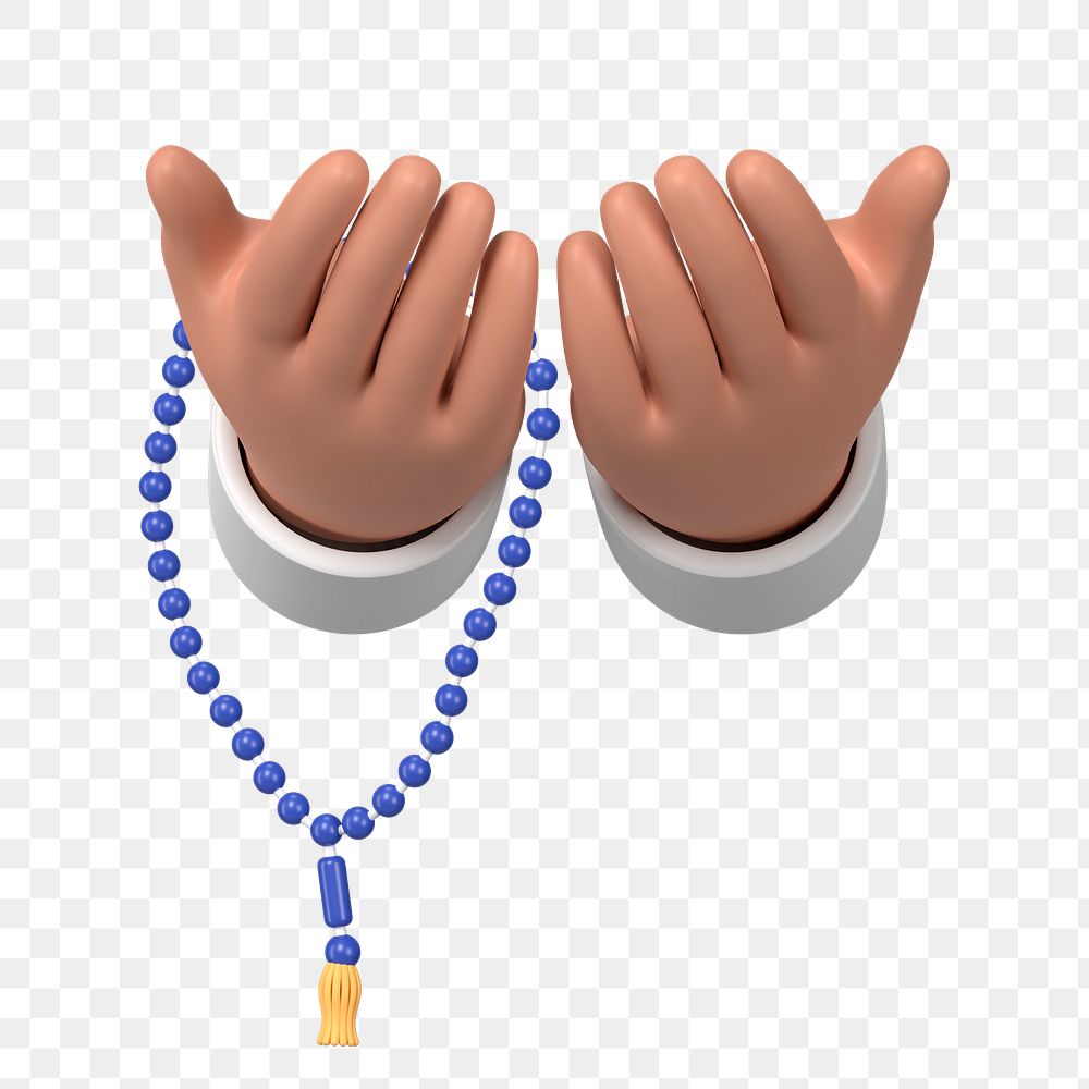 Praying hands png 3D clipart, Islamic prayer beads on transparent background