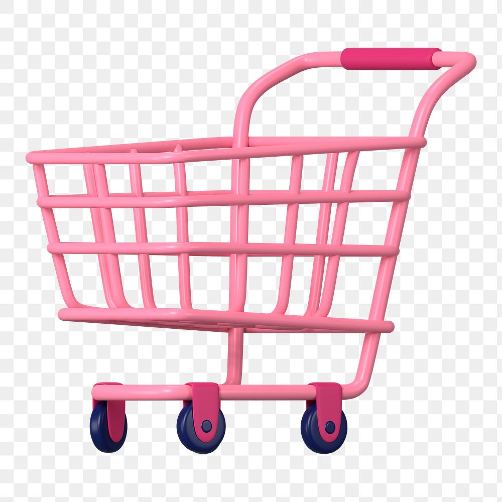 Shopping cart png, supermarket, 3D pink illustration on transparent background