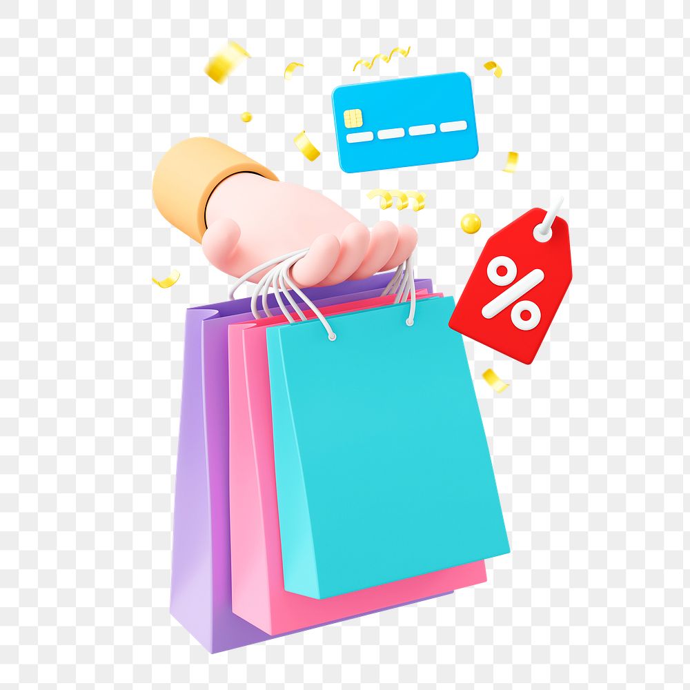 Hand png holding shopping bags, credit card, 3D illustration on transparent background