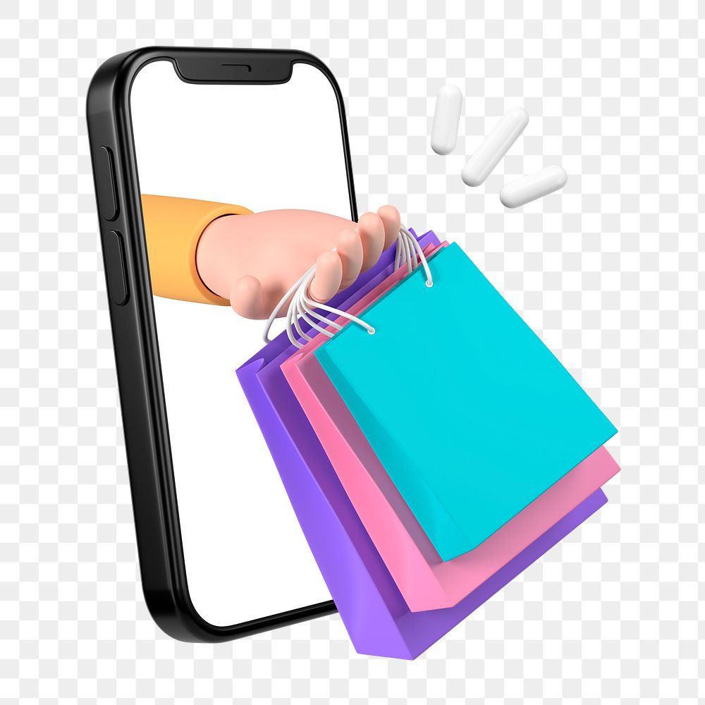 Online shopping png smartphone, 3D hand holding bags illustration on transparent background