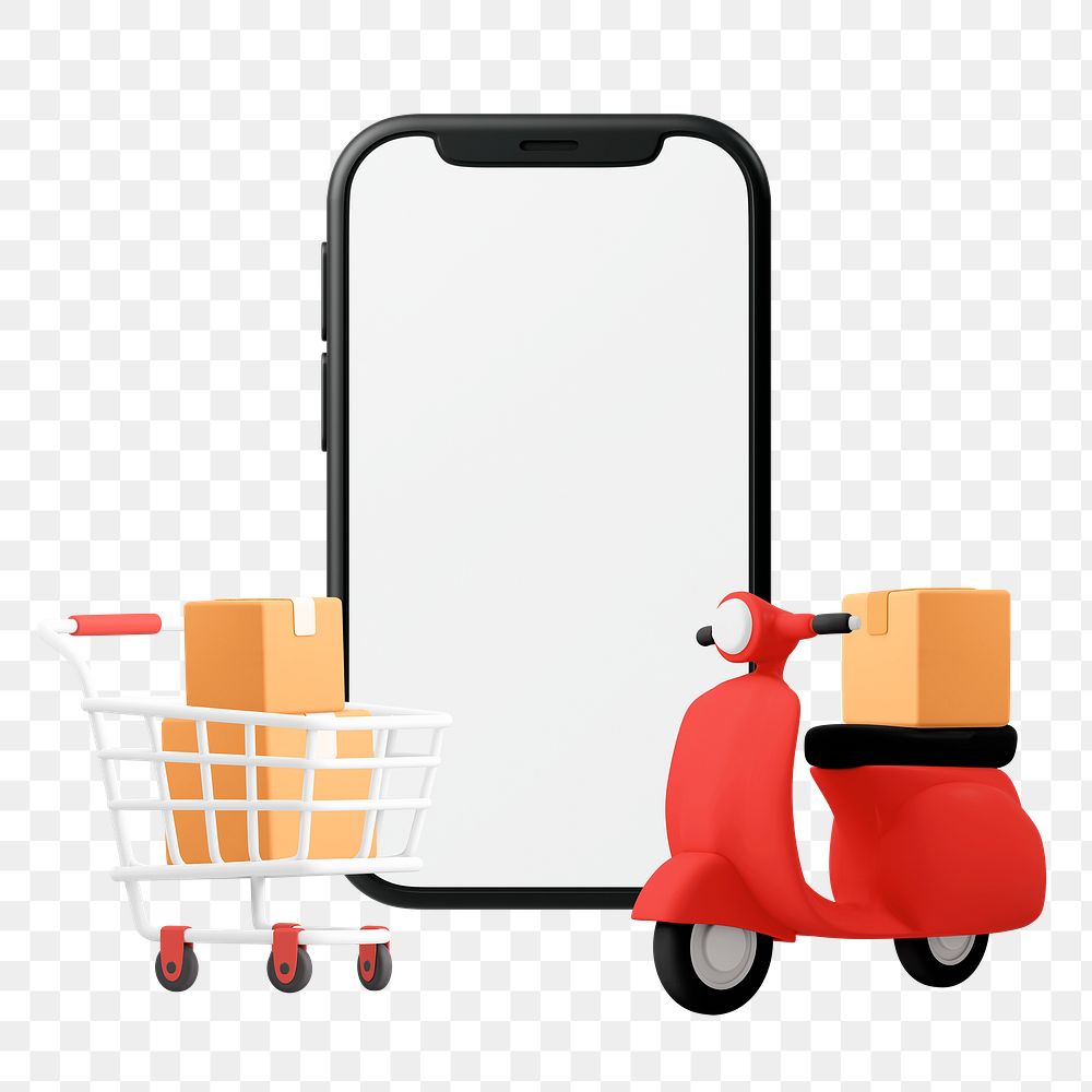 3D online shopping png smartphone, package delivery concept illustration on transparent background