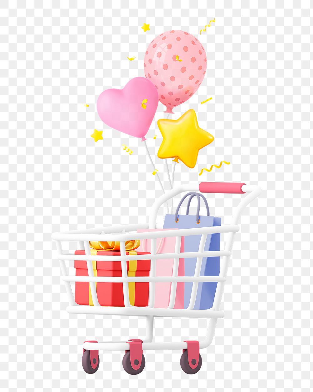 Birthday gift png shopping, 3D trolley illustration on transparent background