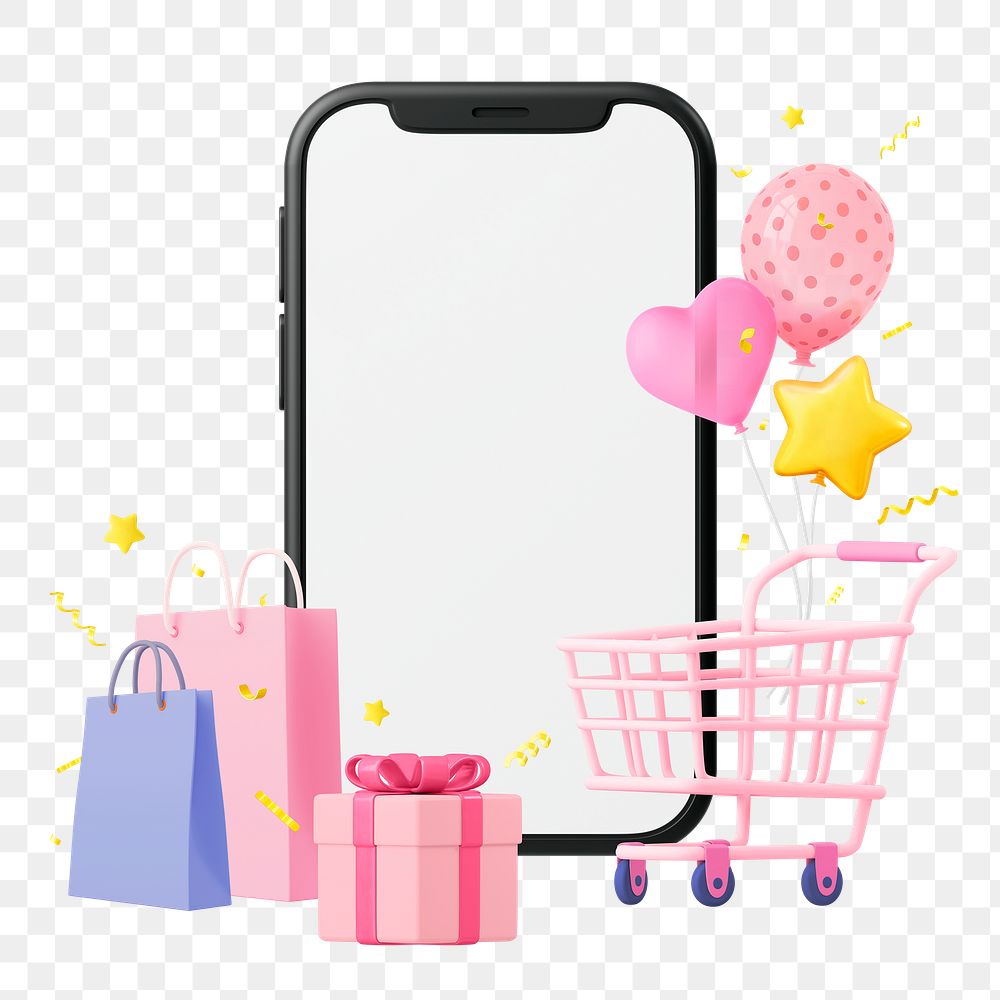 Birthday gift png shopping, 3D smartphone illustration on transparent background