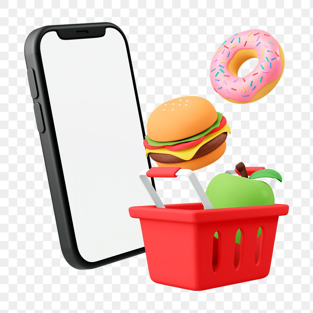 Online grocery png shopping, 3D smartphone, food illustration on transparent background