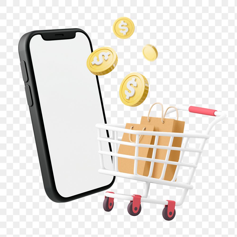 Online shopping png cart, 3D smartphone illustration on transparent background