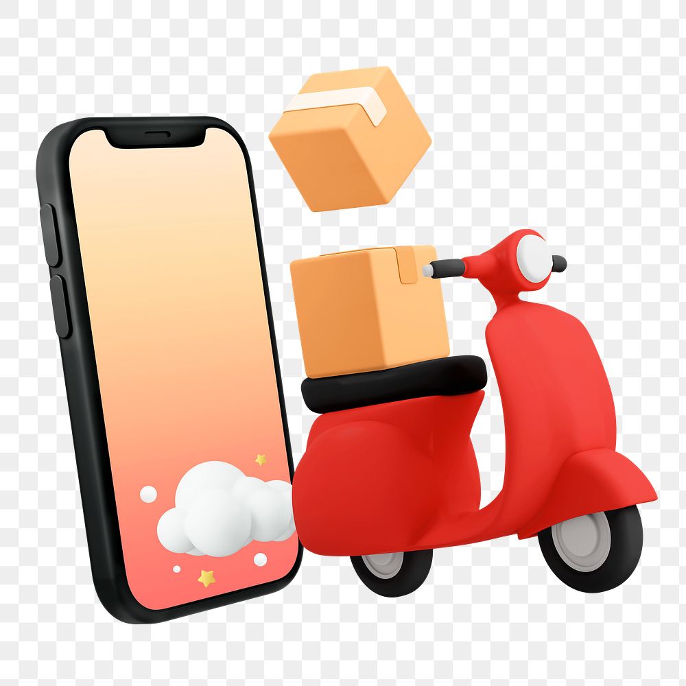 3D online shopping png smartphone, package delivery concept illustration on transparent background