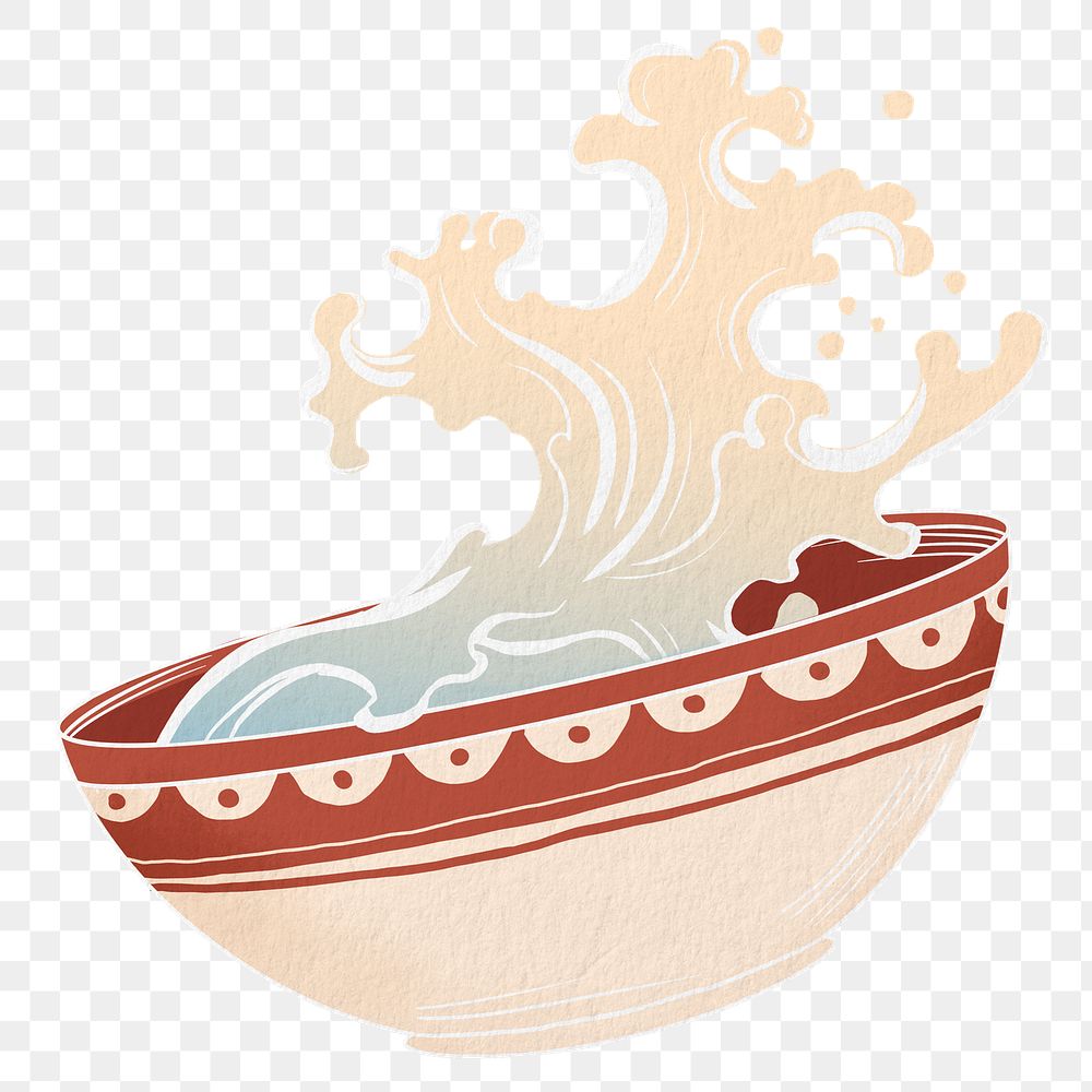 Noodle bowl splash png sticker, Japanese wave illustration, transparent background