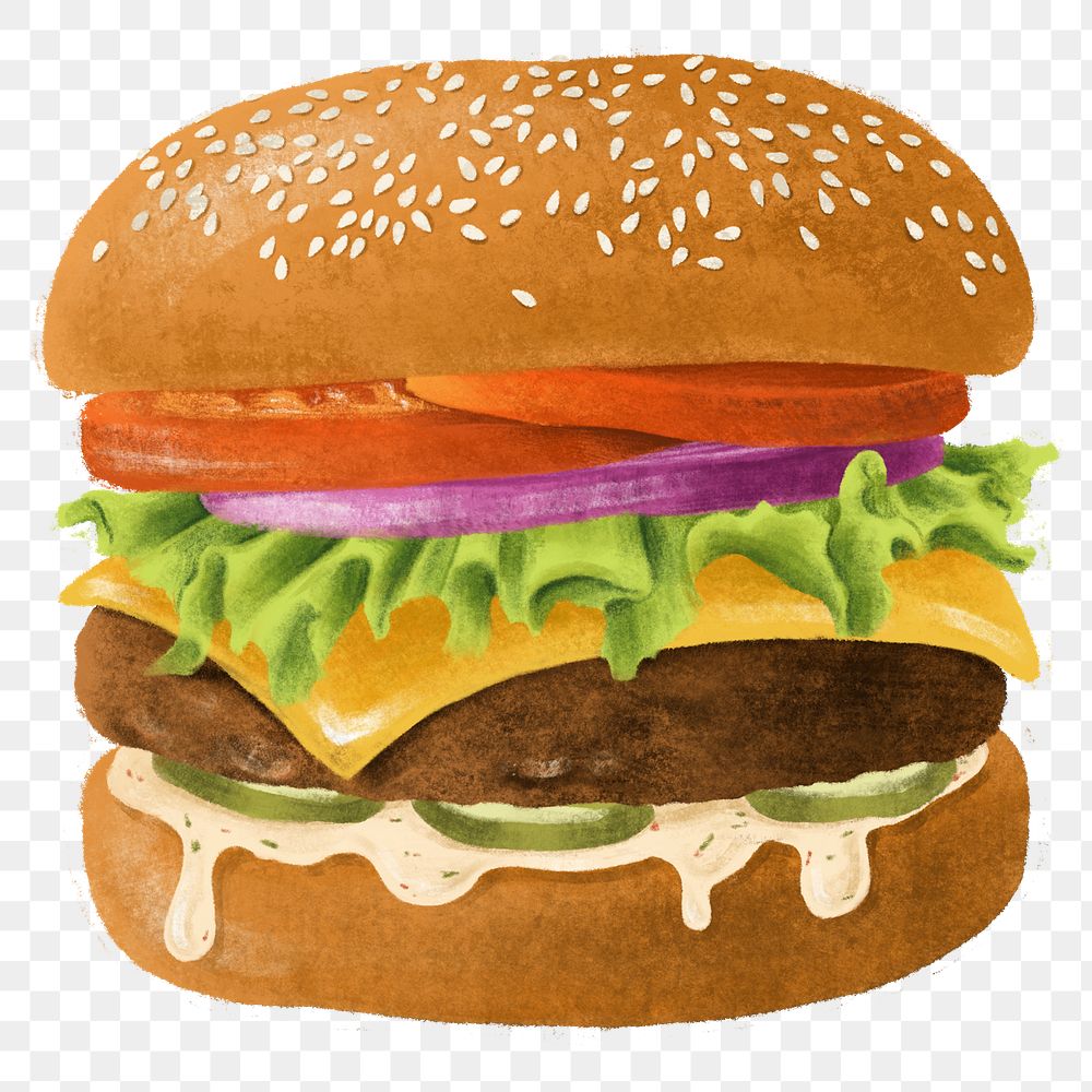 Juicy cheeseburger png sticker, fast food illustration, transparent background