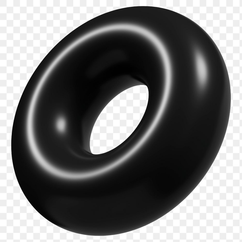 Png donut ring, black 3D shape sticker, transparent background