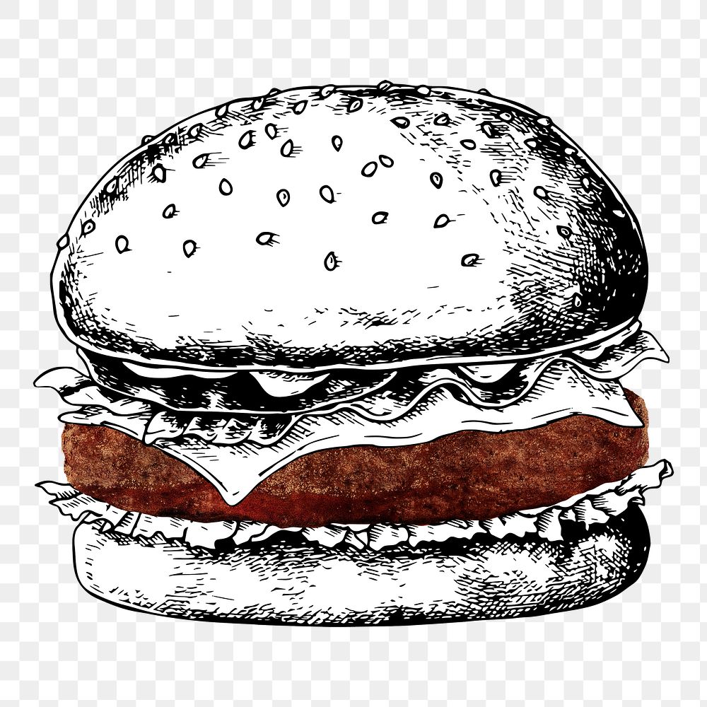Vintage hamburger png sticker, fast food drawing, transparent background