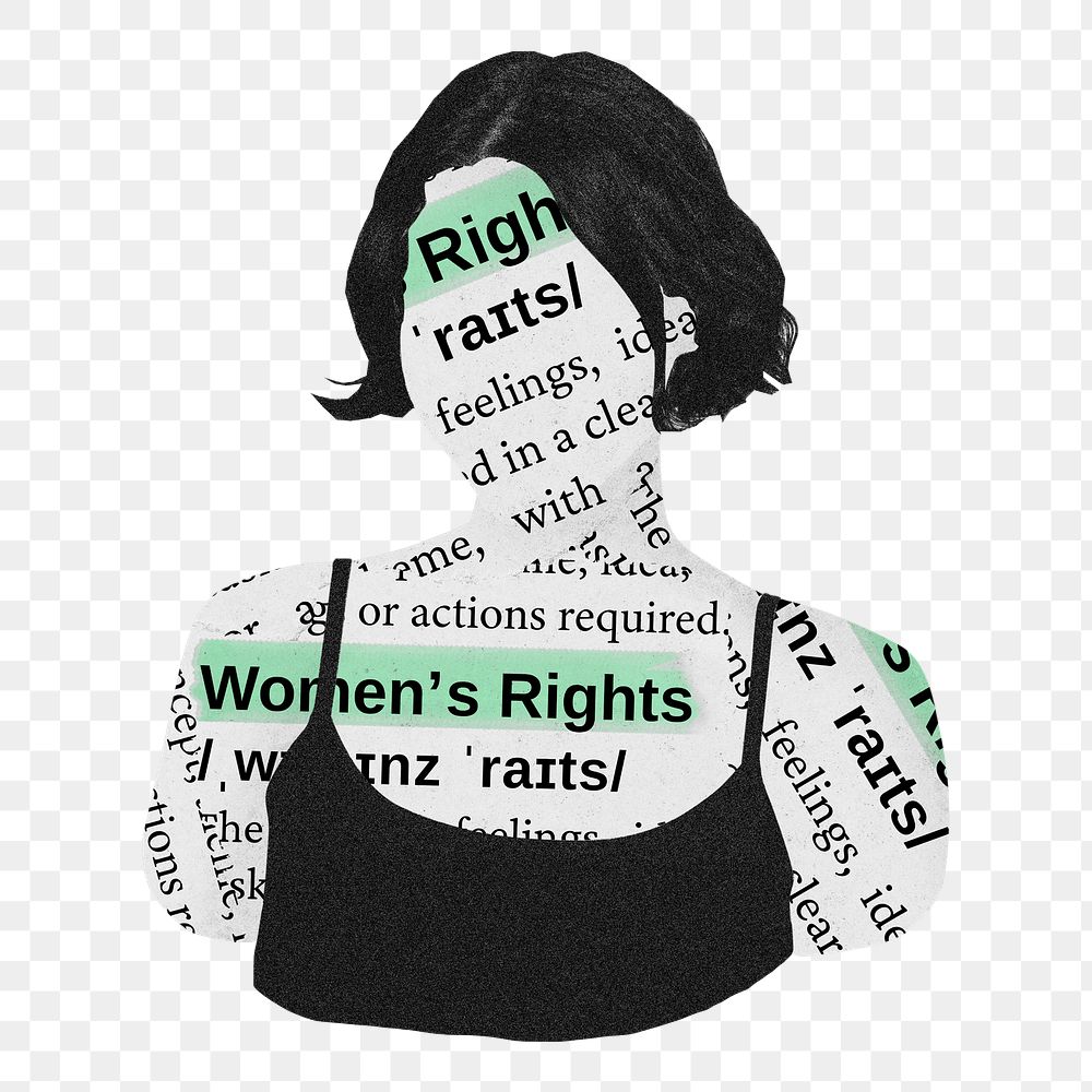 Women's rights png sticker, woman newspaper collage, transparent background