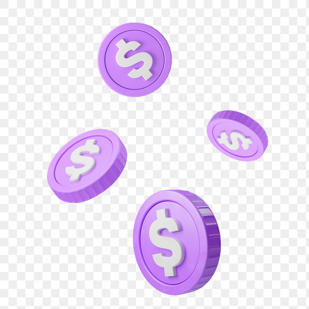 Falling dollar coins png 3D rendered sticker, transparent background
