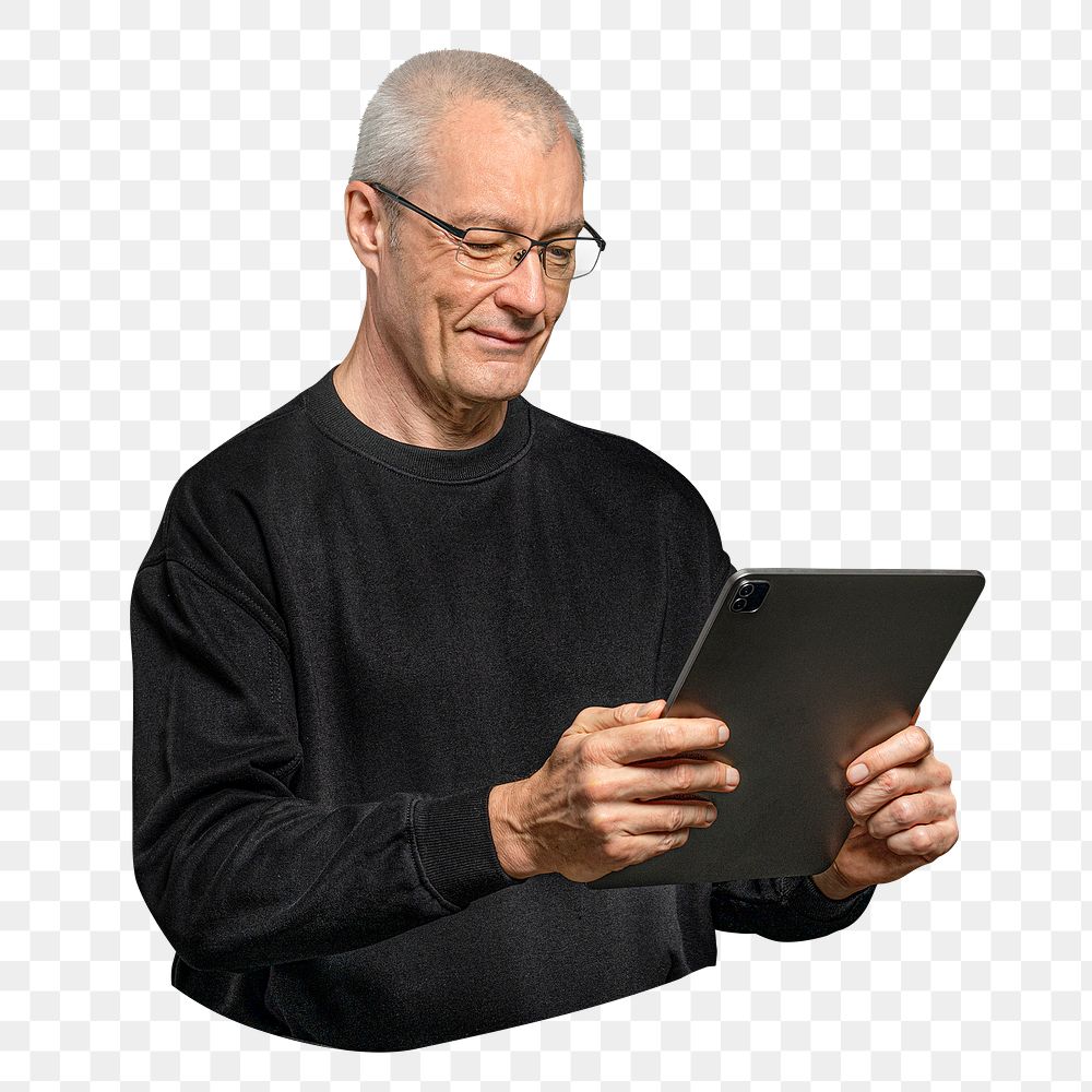Businessman using tablet  png sticker, transparent background