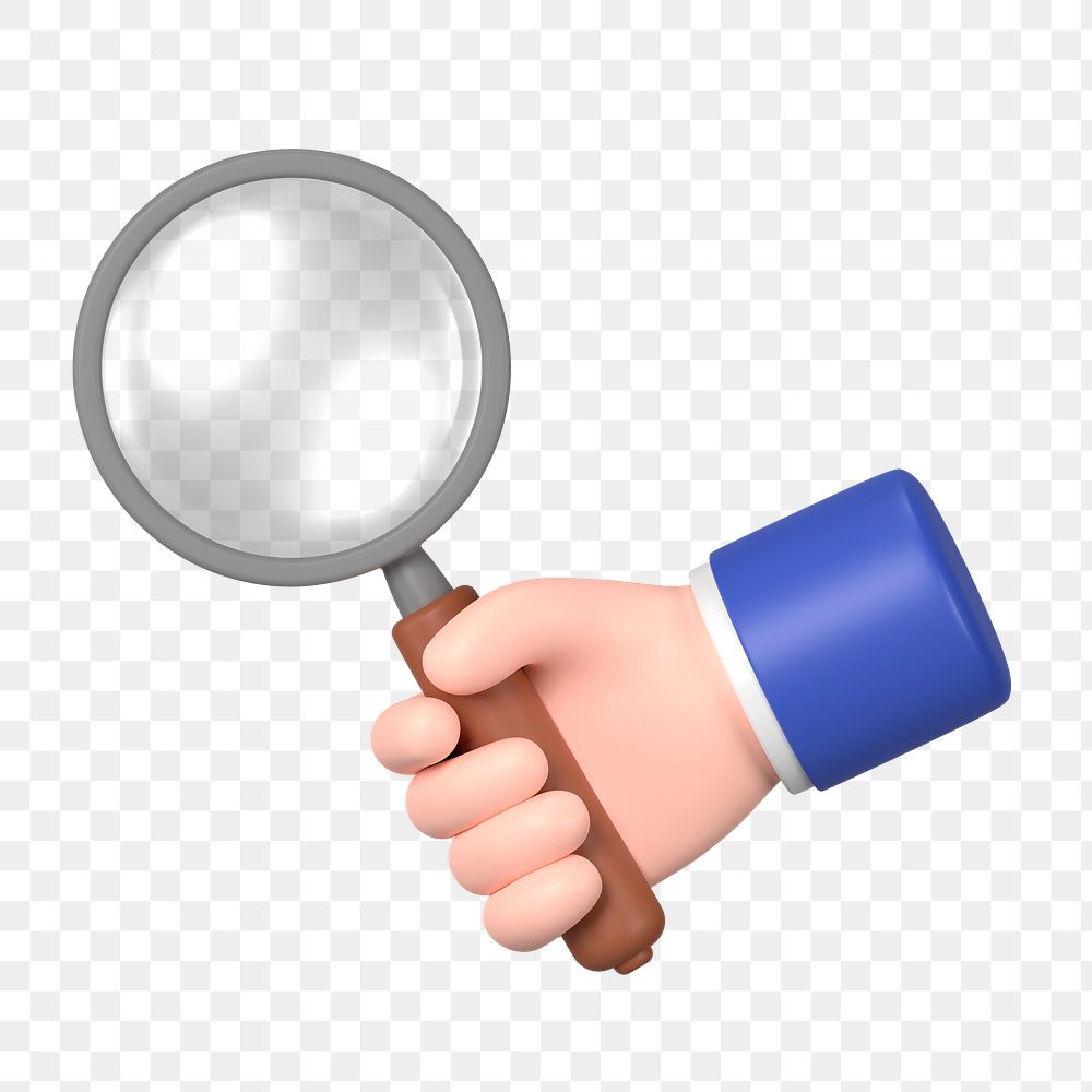Businessman's png hand holding magnifying glass, 3D graphic, transparent background