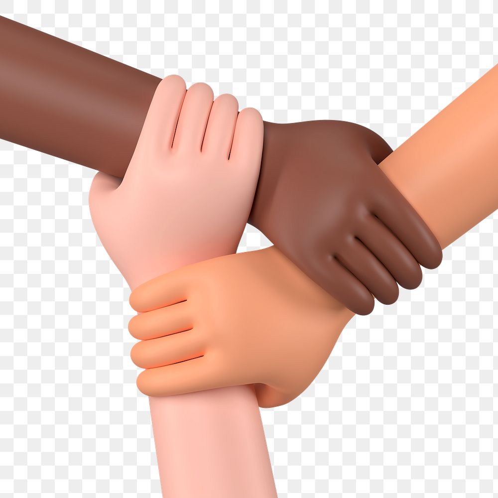 Diverse hands united png sticker, 3D rendering graphic, transparent background