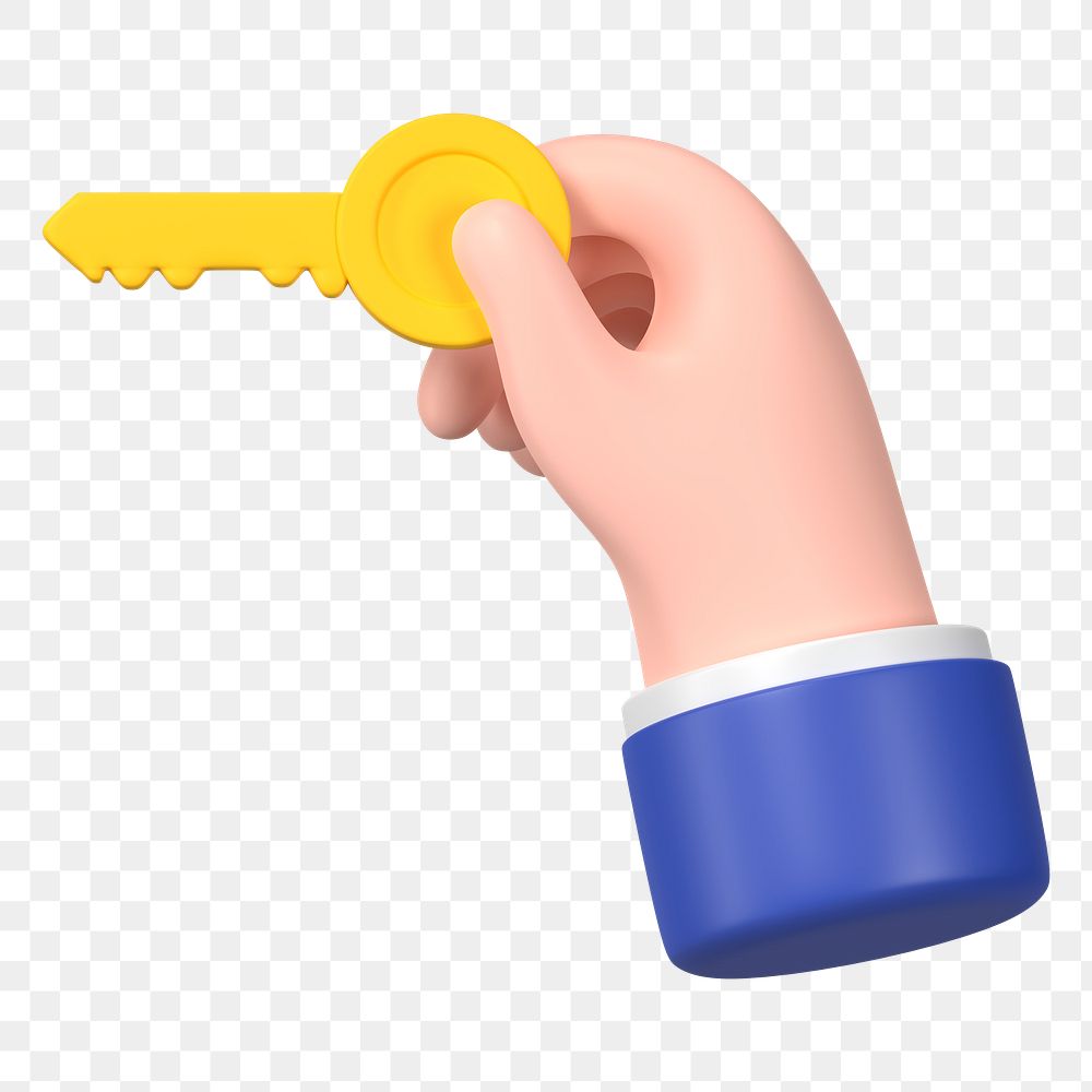 3D real estate png sticker, hand holding key, transparent background