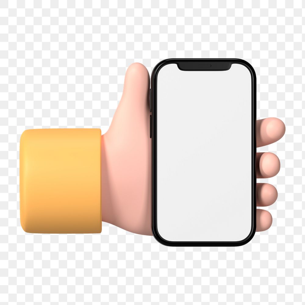 Hand holding smartphone png, blank screen in 3D design, transparent background