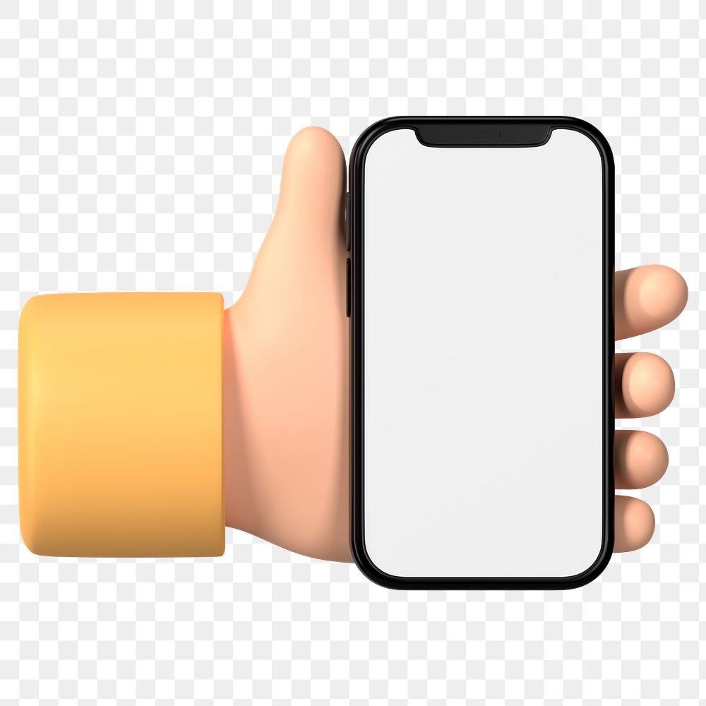 Hand holding smartphone png, blank screen in 3D design, transparent background