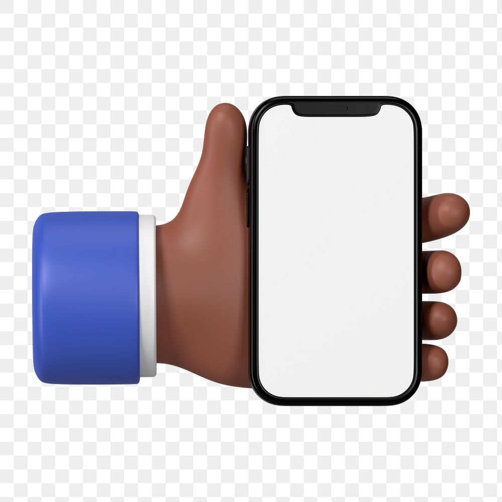 Hand holding smartphone png, blank screen in 3D design, transparent background