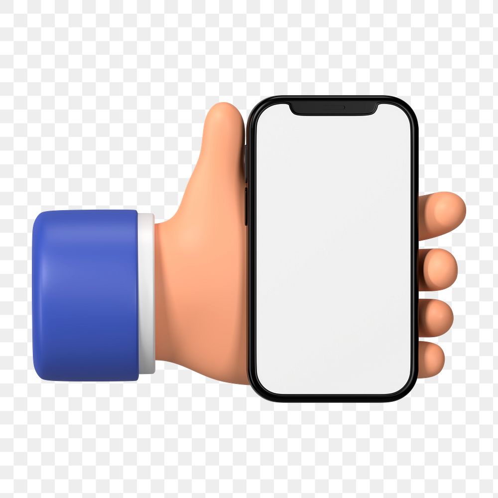 Hand holding smartphone png, blank screen in 3D design, transparent background