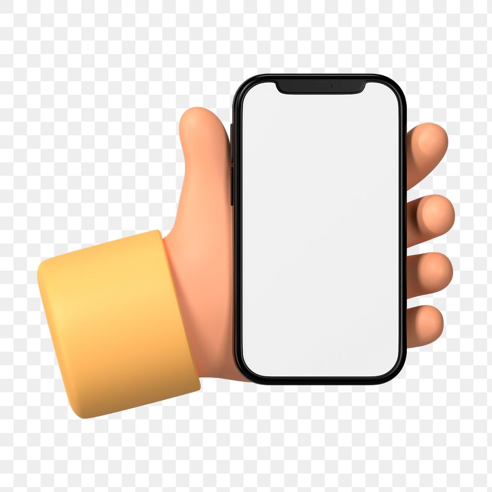 Hand holding smartphone png, blank screen in 3D design, transparent background