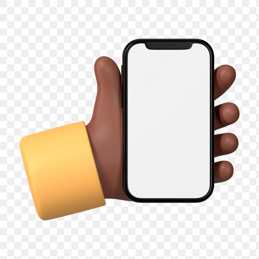 Hand holding smartphone png, blank screen in 3D design, transparent background