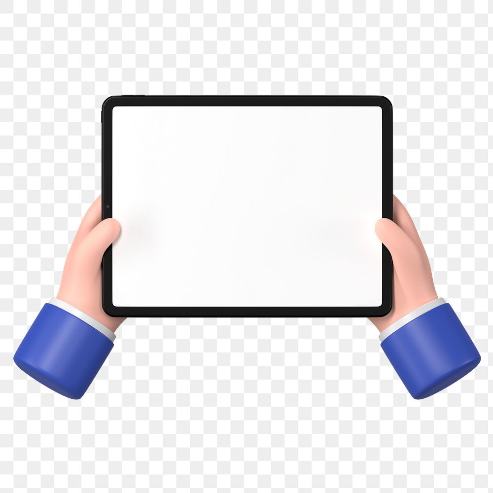 Hands holding tablet png, blank screen in 3D design, transparent background