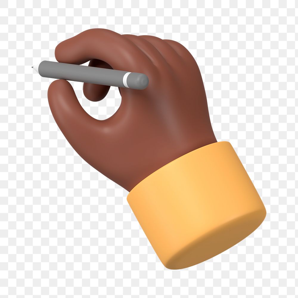 Black hand png holding pencil, 3D gesture illustration, transparent background