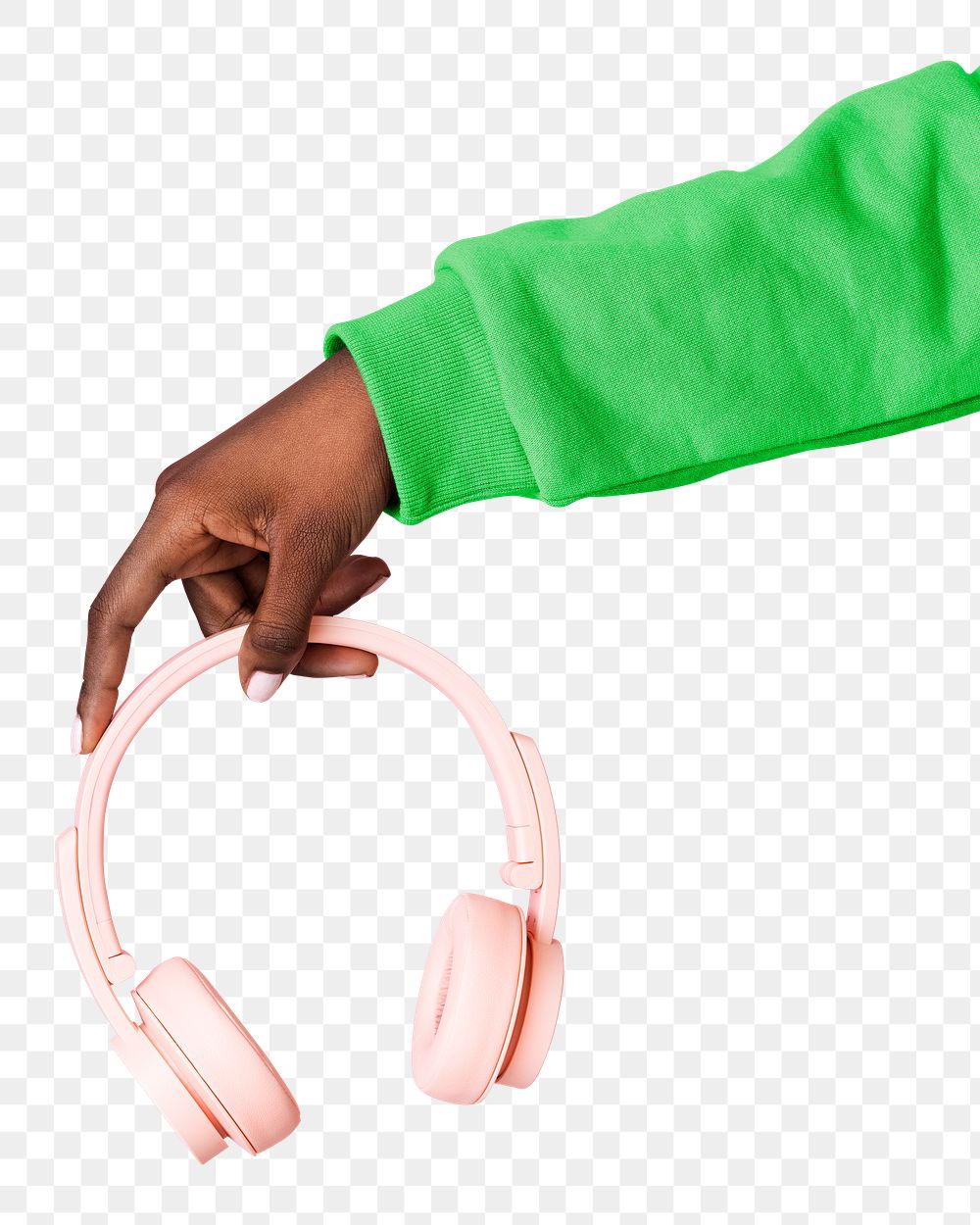 PNG hand holding pink headphones, entertainment sticker, transparent background