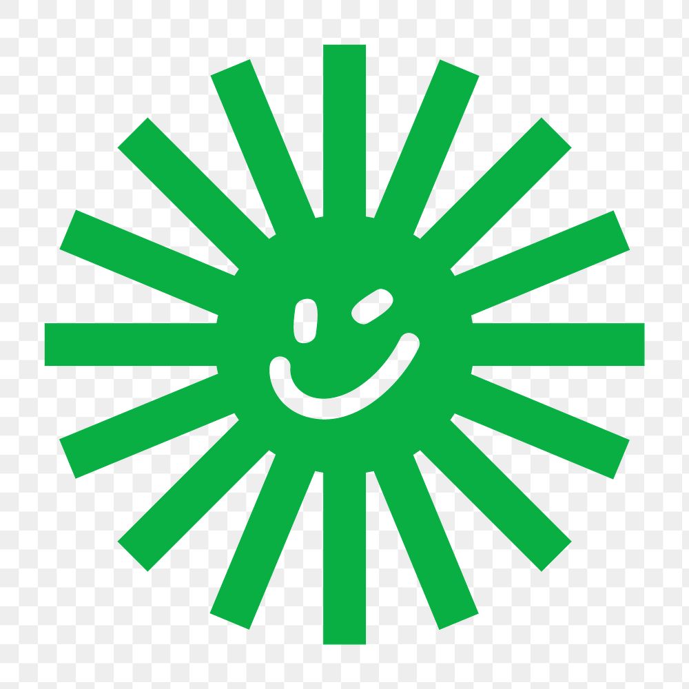 Green sunburst png, smiling face logo element sticker, transparent background