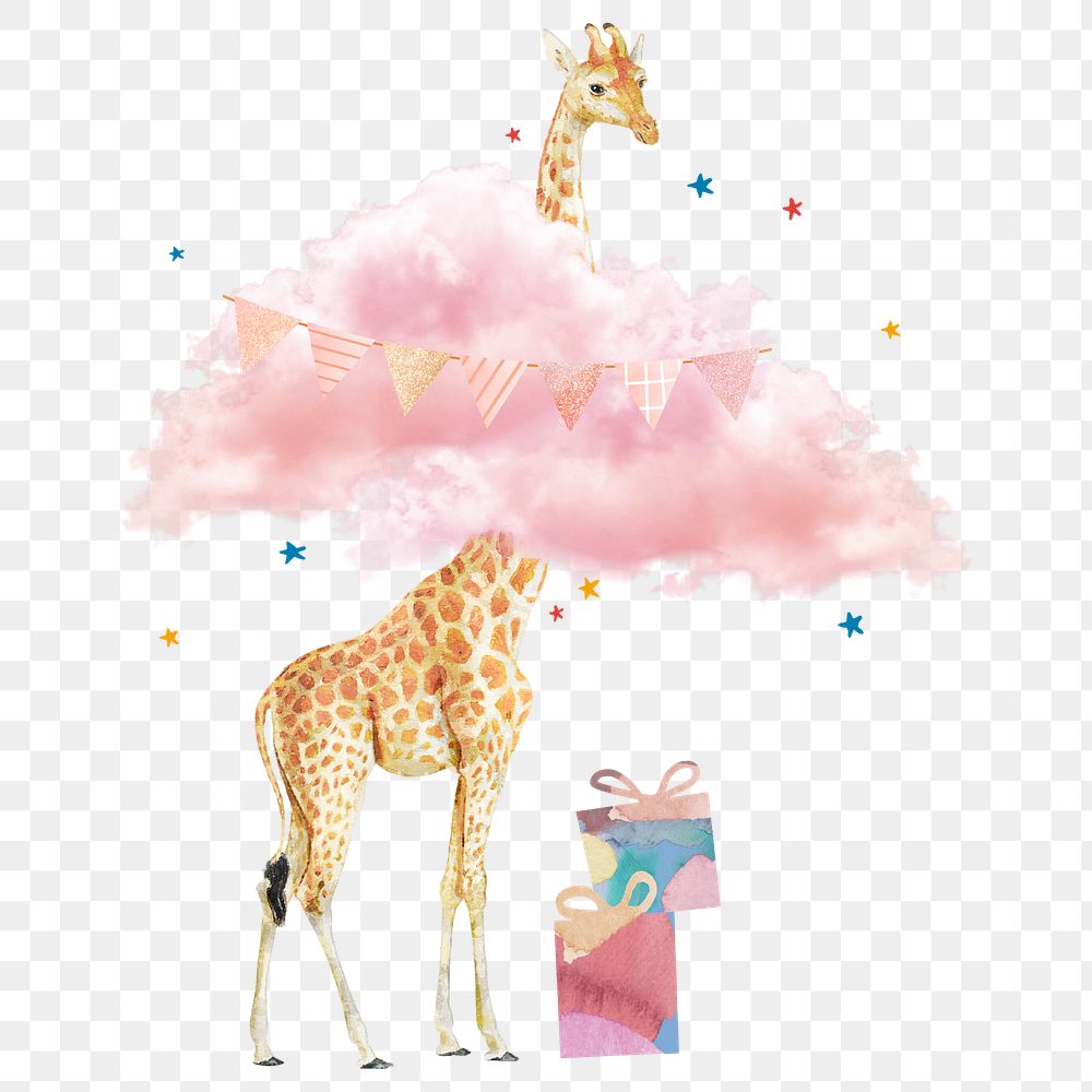 Birthday giraffe png pink clouds, transparent background
