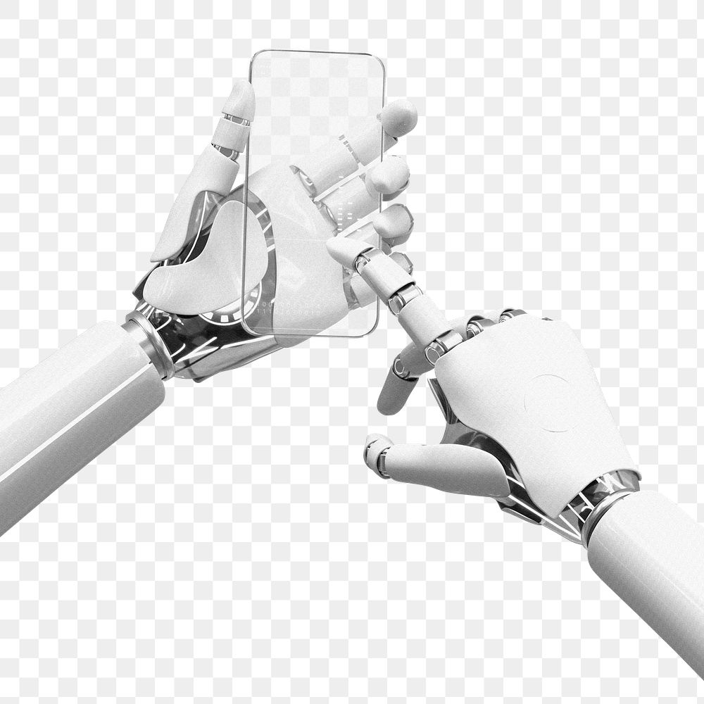 Robot hands png using phone, transparent background