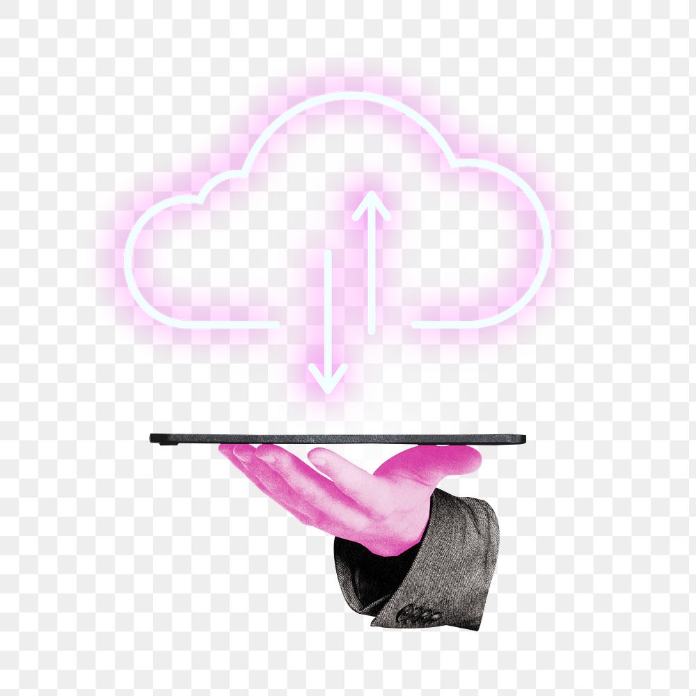 Cloud storage backup png sticker, data upload on tablet, transparent background