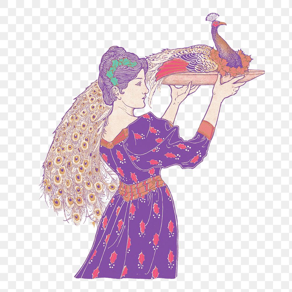 Woman carrying peacock png on a tray sticker, transparent background, remixed from the artwork of Louis Rhead