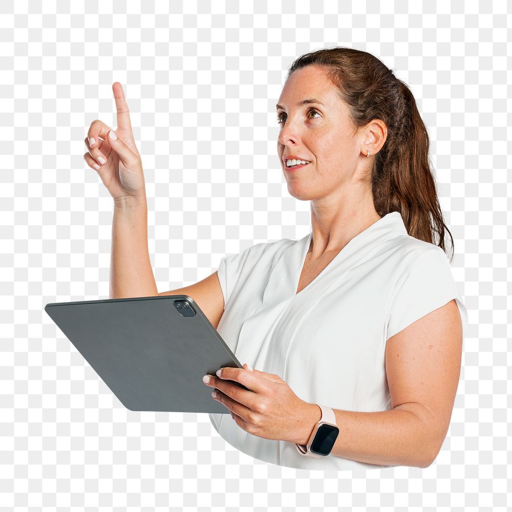 Png businesswoman using tablet sticker, transparent background
