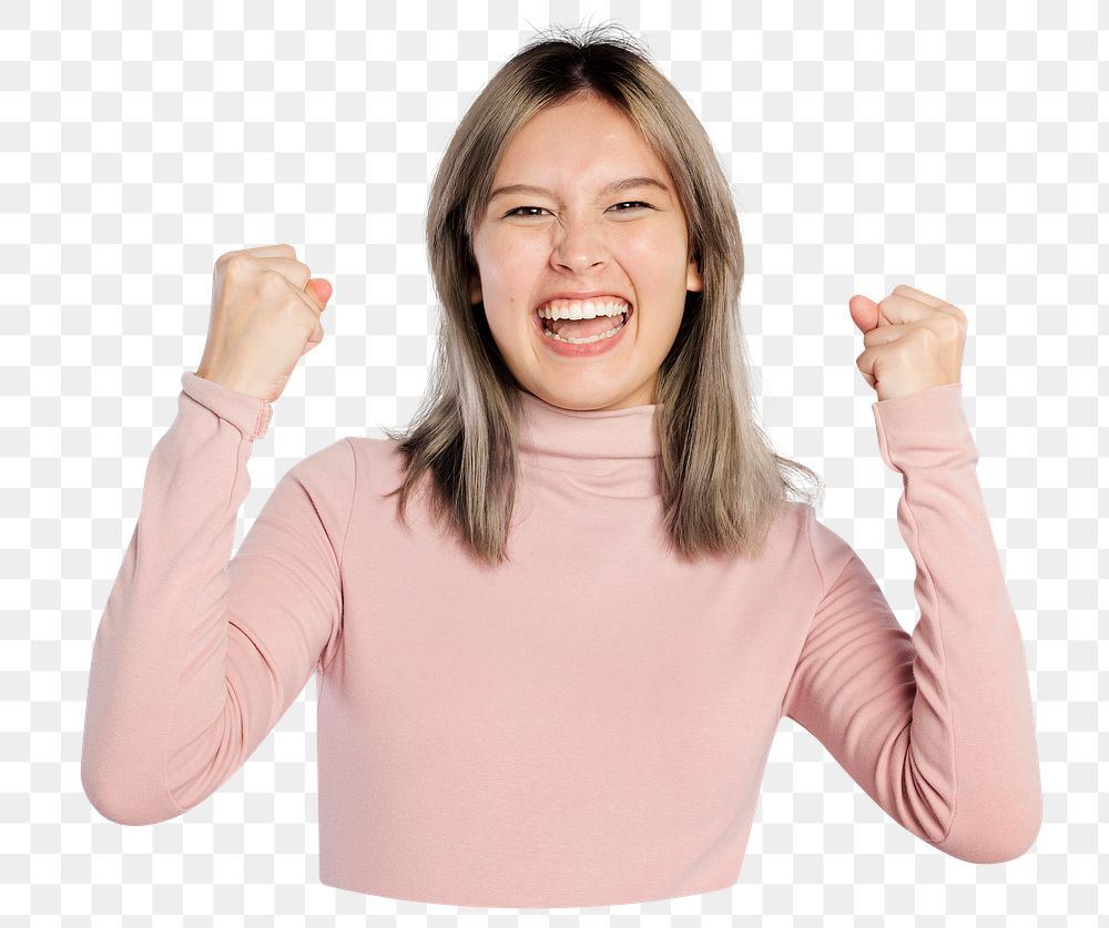 Excited young woman png sticker, transparent background