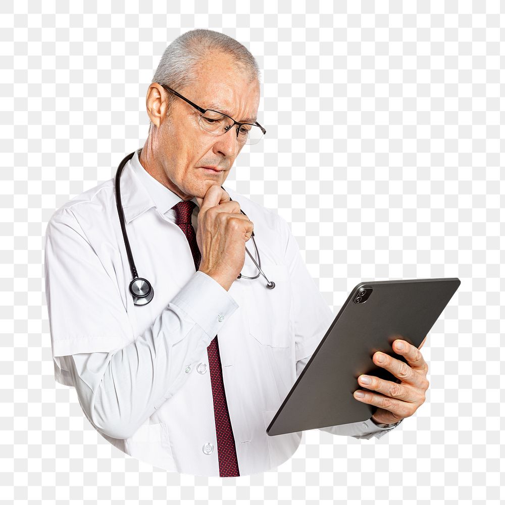 Thinking doctor png sticker, transparent background